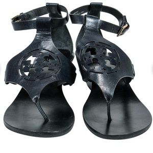 Tory Burch - Black Leather Thong Wedges w/ Logo Cutout Sz8